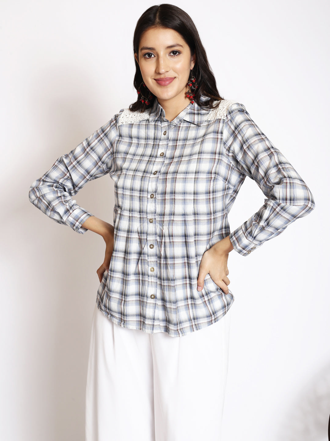 Tartan Checked Lace Cotton Casual Shirt