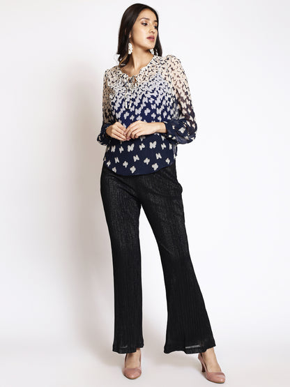 Animal Printed Tie-Up Neck Puff Sleeve Regular Top