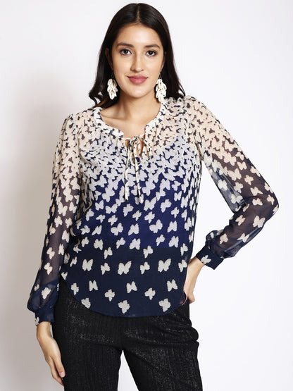 Animal Printed Tie-Up Neck Puff Sleeve Regular Top