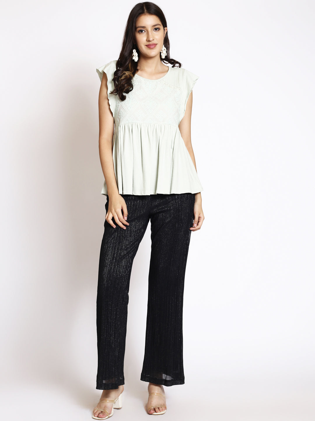 Geometric Embroidered Round Neck Flared Sleeve Gathered A-Line Top
