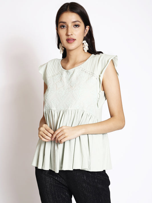 Geometric Embroidered Round Neck Flared Sleeve Gathered A-Line Top