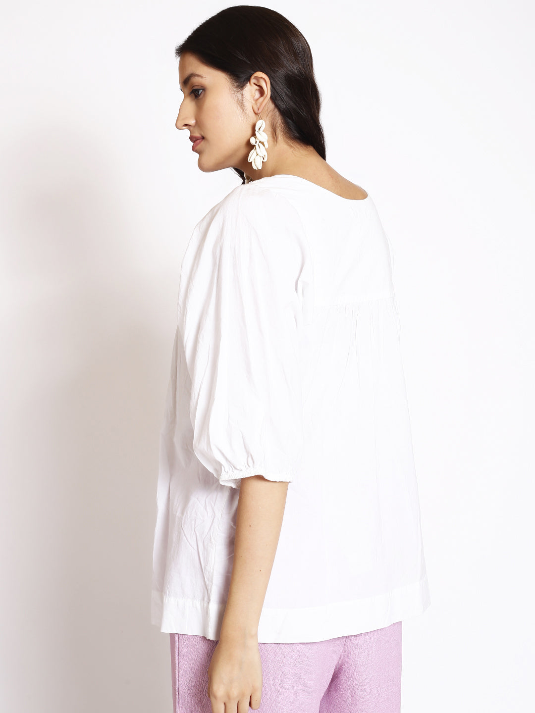 Round Neck Puff Sleeve Cut-Outs Cotton Regular Top