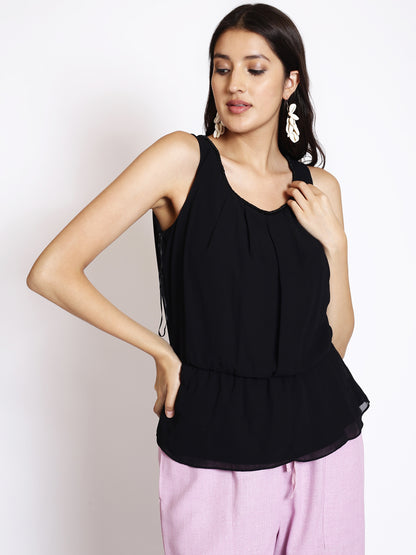 Round Neck Sleeveless Gathered Cinched Waist Top