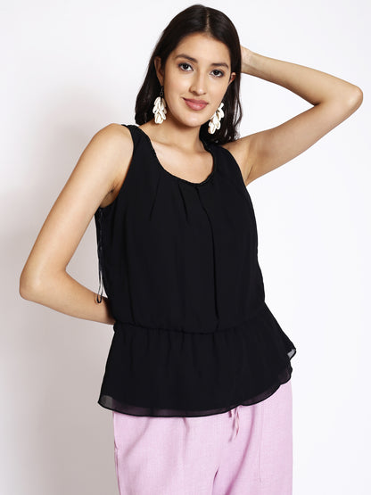 Round Neck Sleeveless Gathered Cinched Waist Top