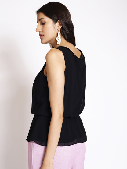 Round Neck Sleeveless Gathered Cinched Waist Top