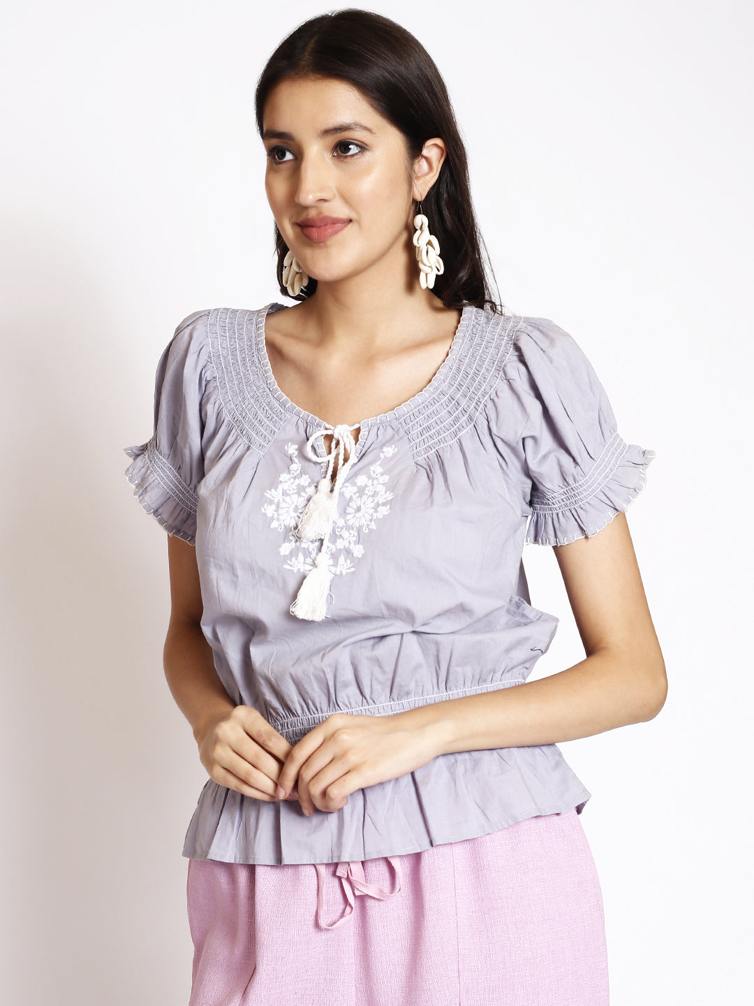 Floral Embroidered Tie-Up Neck Puff Sleeve Gathered Cotton Cinched Waist Top