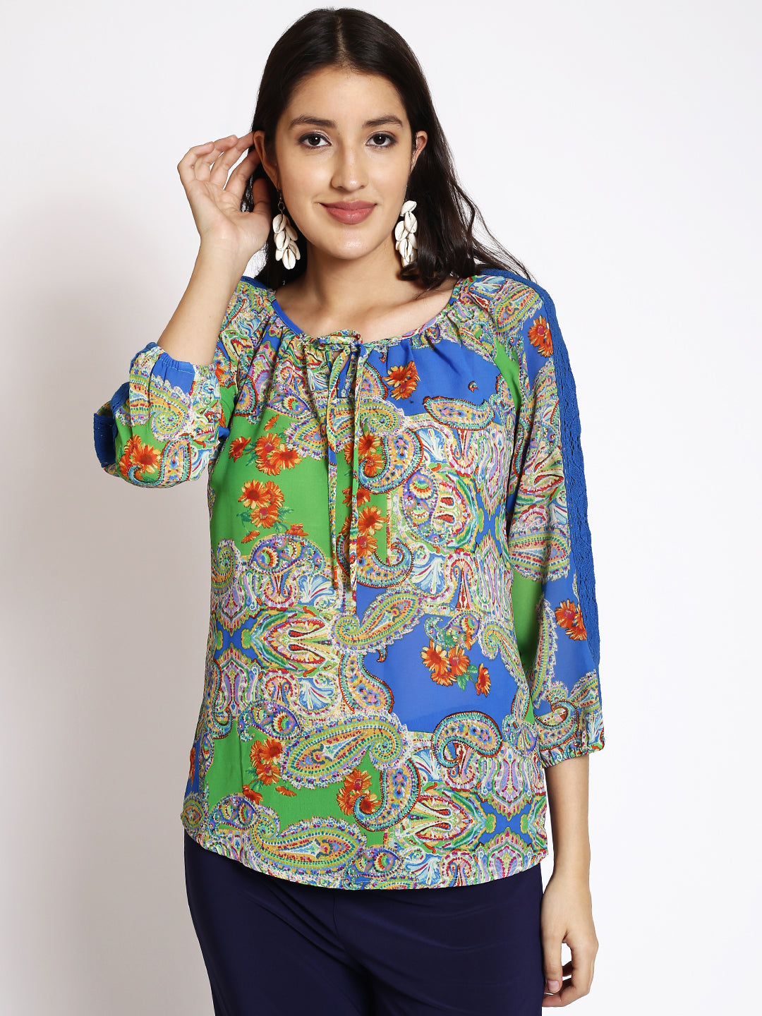 Ethnic Motifs Printed Tie-Up Neck Raglan Sleeves Lace Inserts Top