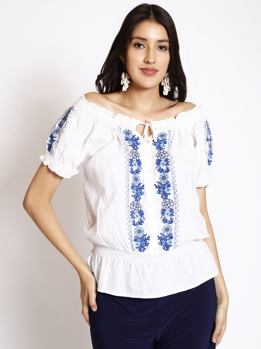 Floral Embroidered  Gathered Cotton Blouson Top