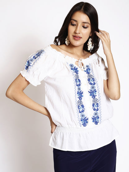 Floral Embroidered  Gathered Cotton Blouson Top