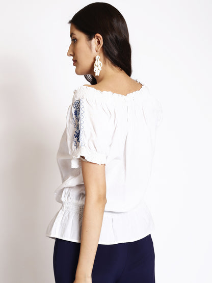 Floral Embroidered  Gathered Cotton Blouson Top