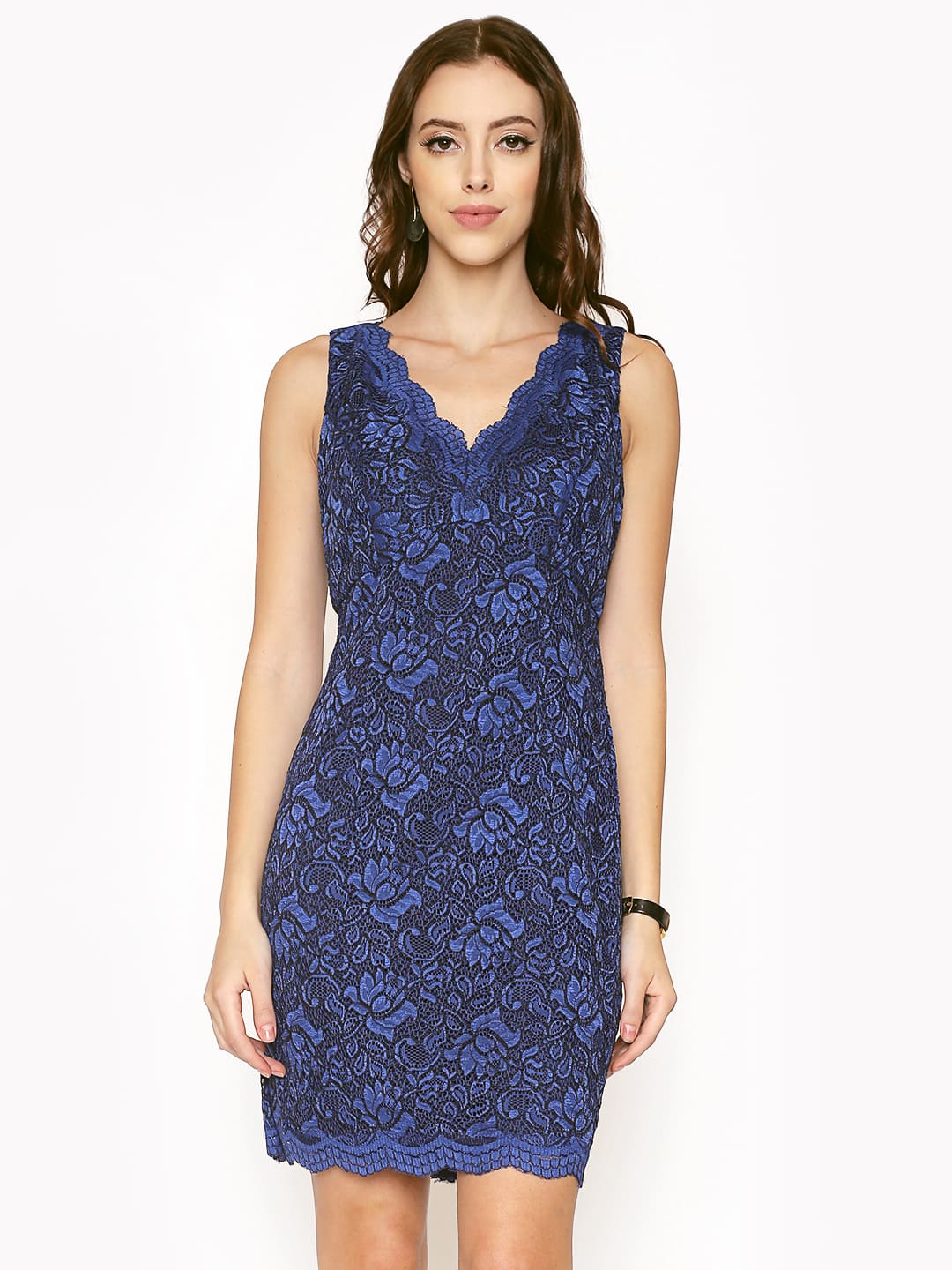 Blue Lace Shimmer Sheath Dress