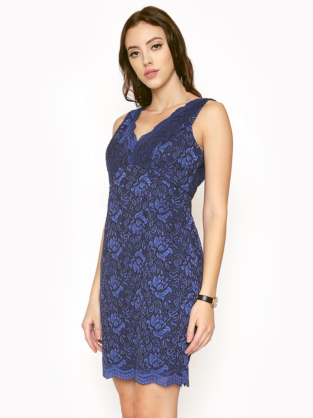 Blue Lace Shimmer Sheath Dress