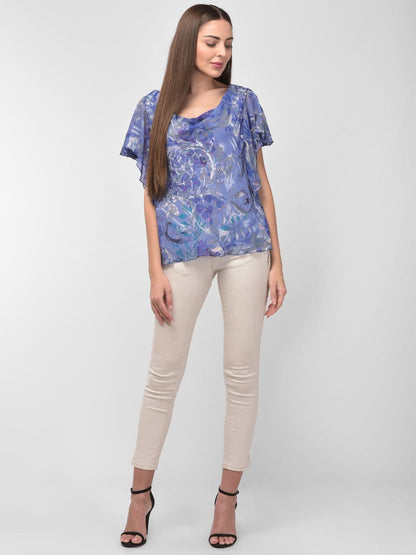 Women Cowl Neck Detail Printed Blue Top