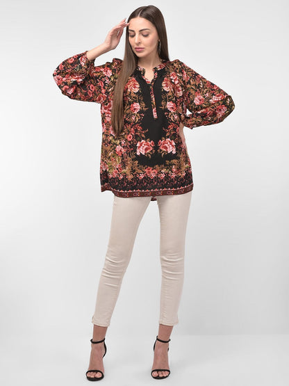 Contrast Floral Printed Black Full Sleeves Top