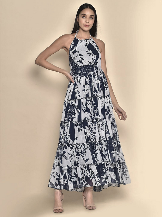 Halter-Neck Floral Printed Maxi Dress