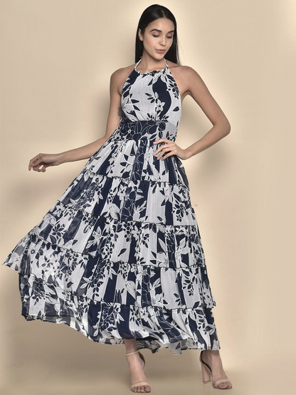 Halter-Neck Floral Printed Maxi Dress