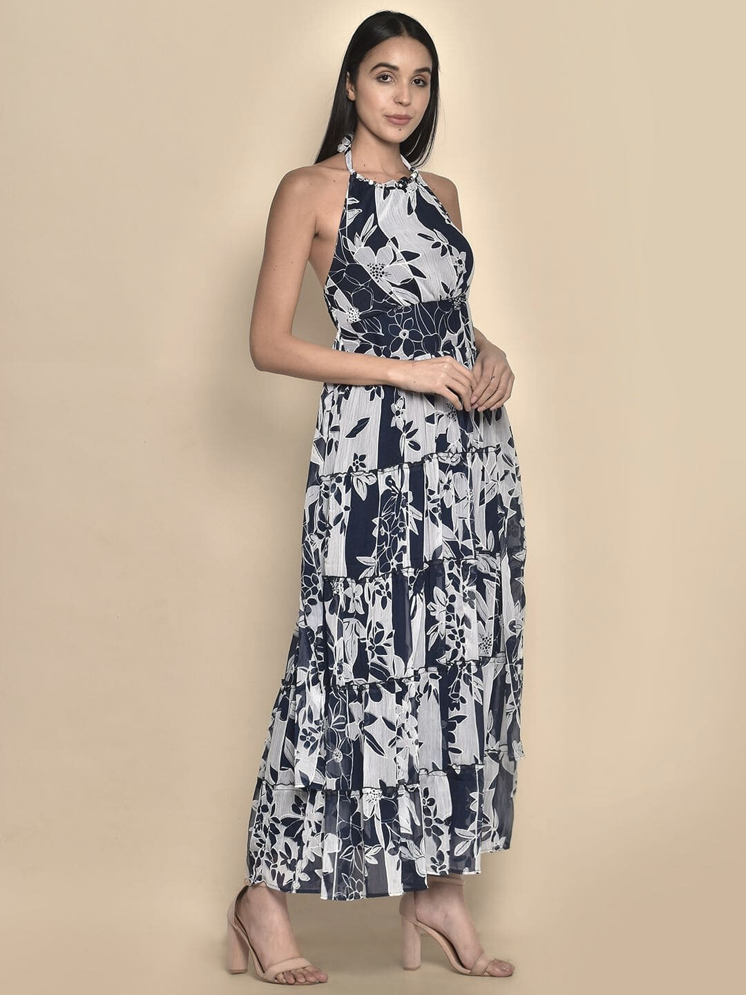 Halter-Neck Floral Printed Maxi Dress