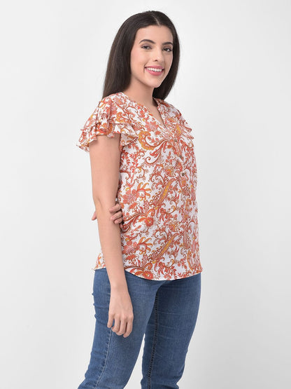 Women Ruffled Short Sleeve Detail Floral Printed Top