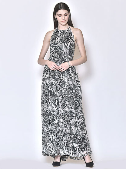 Floral Print Halter Neck Maxi Dress