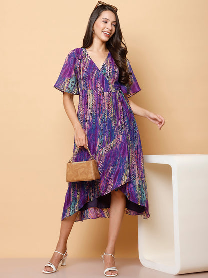 Purple Floral Wrap Midi Dress with High-Low Hem