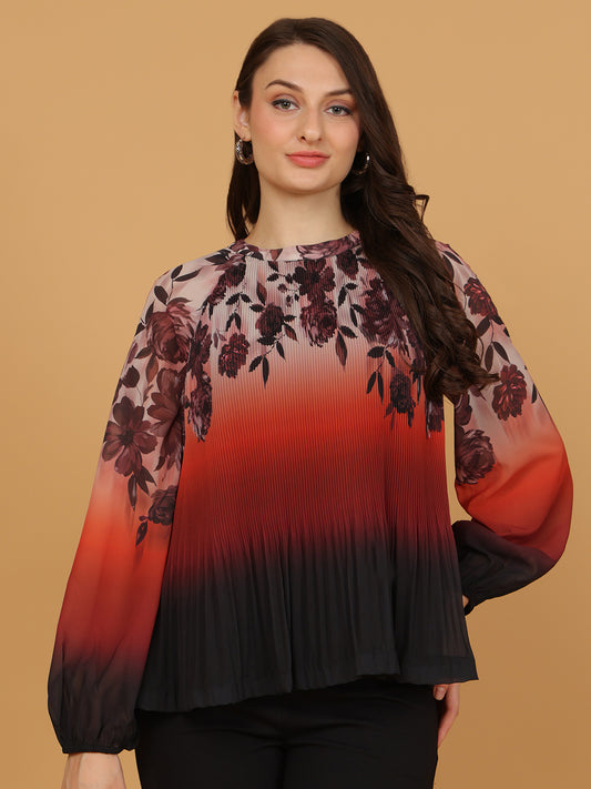 Women's Floral Ombre Pleated Top