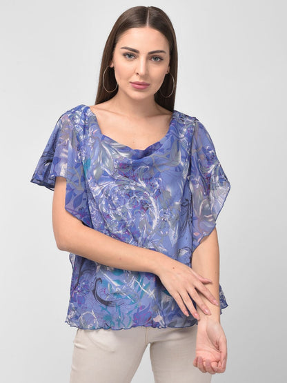 Women Cowl Neck Detail Printed Blue Top