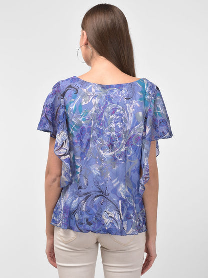 Women Cowl Neck Detail Printed Blue Top