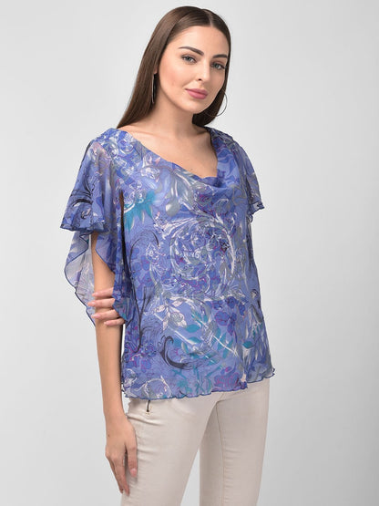 Women Cowl Neck Detail Printed Blue Top