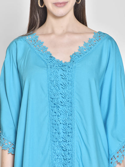 Lace Insert Blue Cotton kaftan