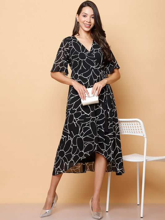 Black Floral Wrap Midi Dress with High-Low Hem