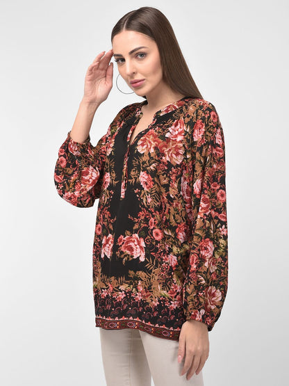 Contrast Floral Printed Black Full Sleeves Top