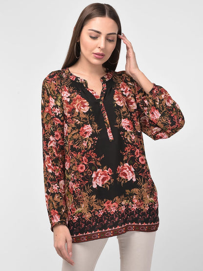 Contrast Floral Printed Black Full Sleeves Top