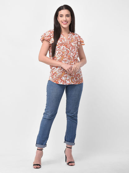 Women Ruffled Short Sleeve Detail Floral Printed Top